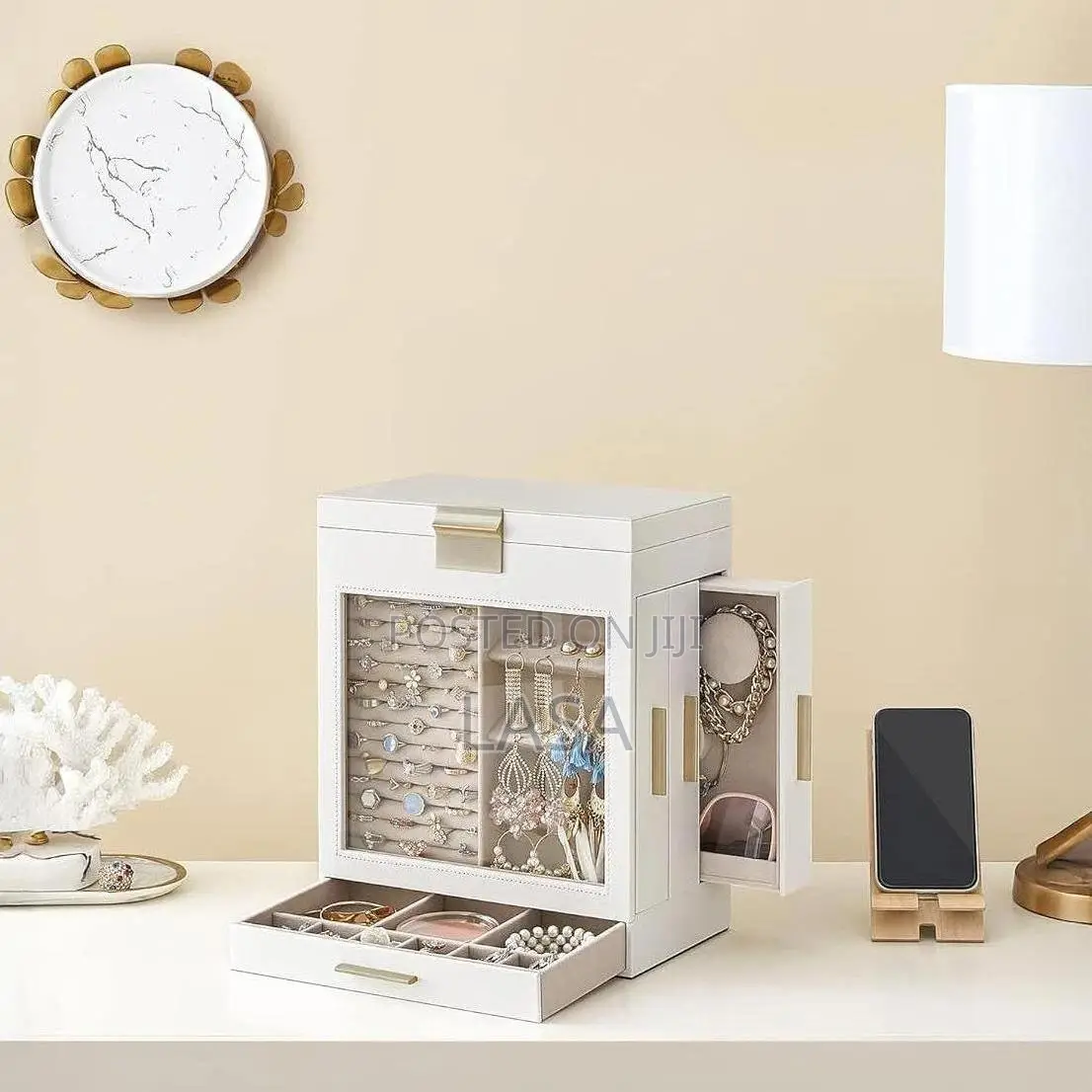 LASA 5 Layer Jewelry Box Organizer With 3 Side Drawers Large Mirror