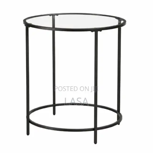 Round Side Table - Glass Top Metal Frame Coffee Table - Black