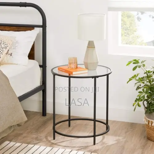 Round Side Table - Glass Top Metal Frame Coffee Table - Black