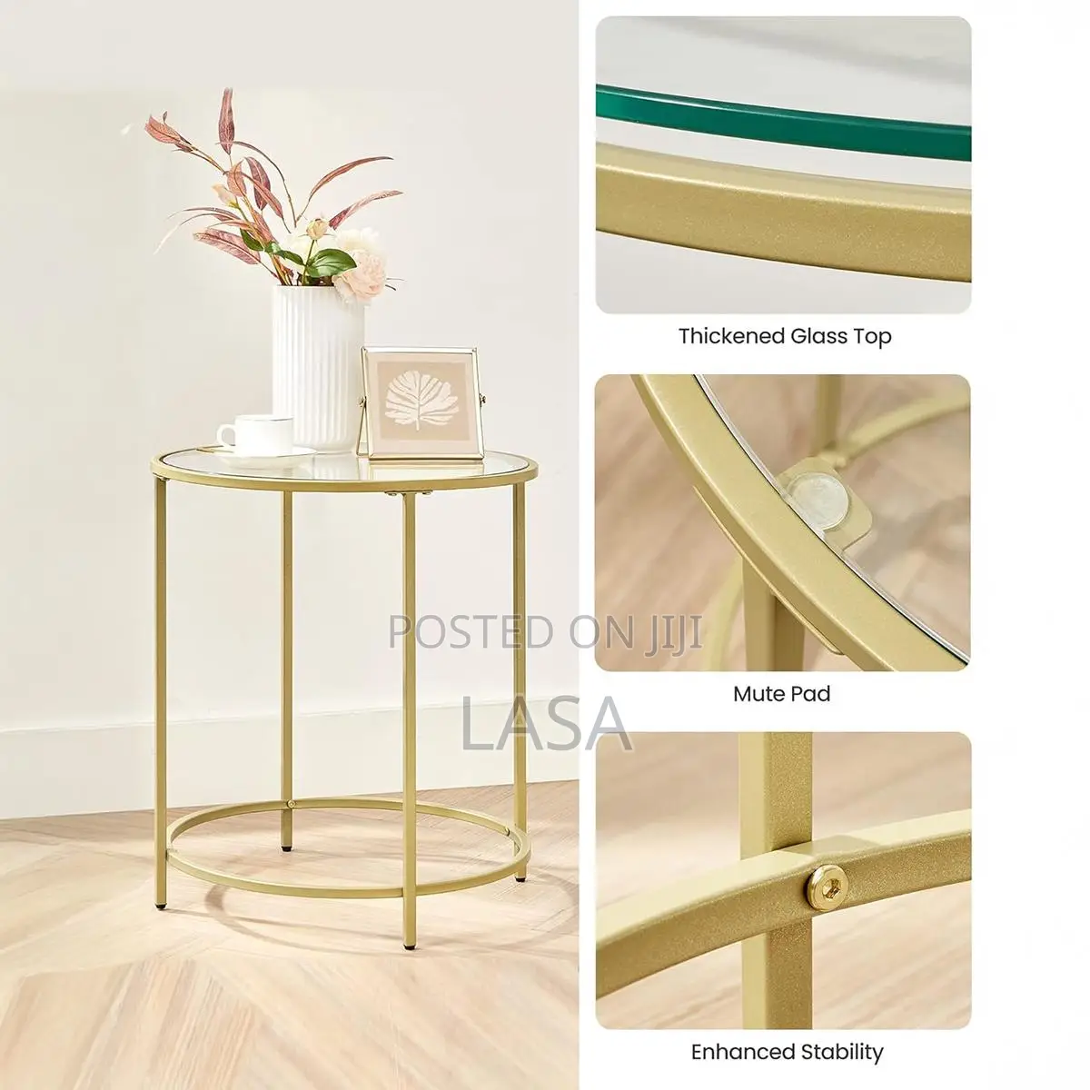 LASA Round Side Table - Glass Top Metal Frame Coffee Table -Gold