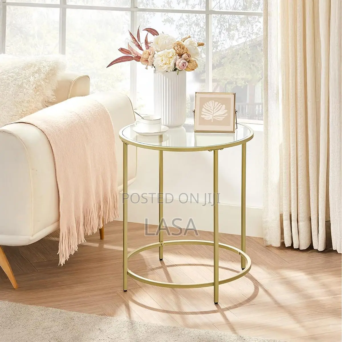 LASA Round Side Table - Glass Top Metal Frame Coffee Table -Gold