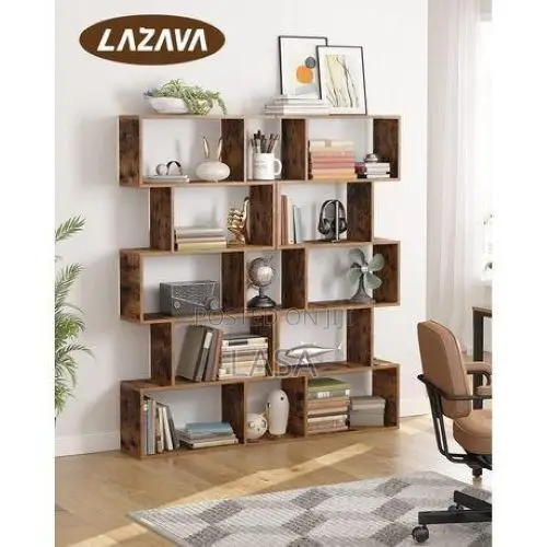 5-Tier Display Shelf Freestanding Bookcase Room Divider-Brown