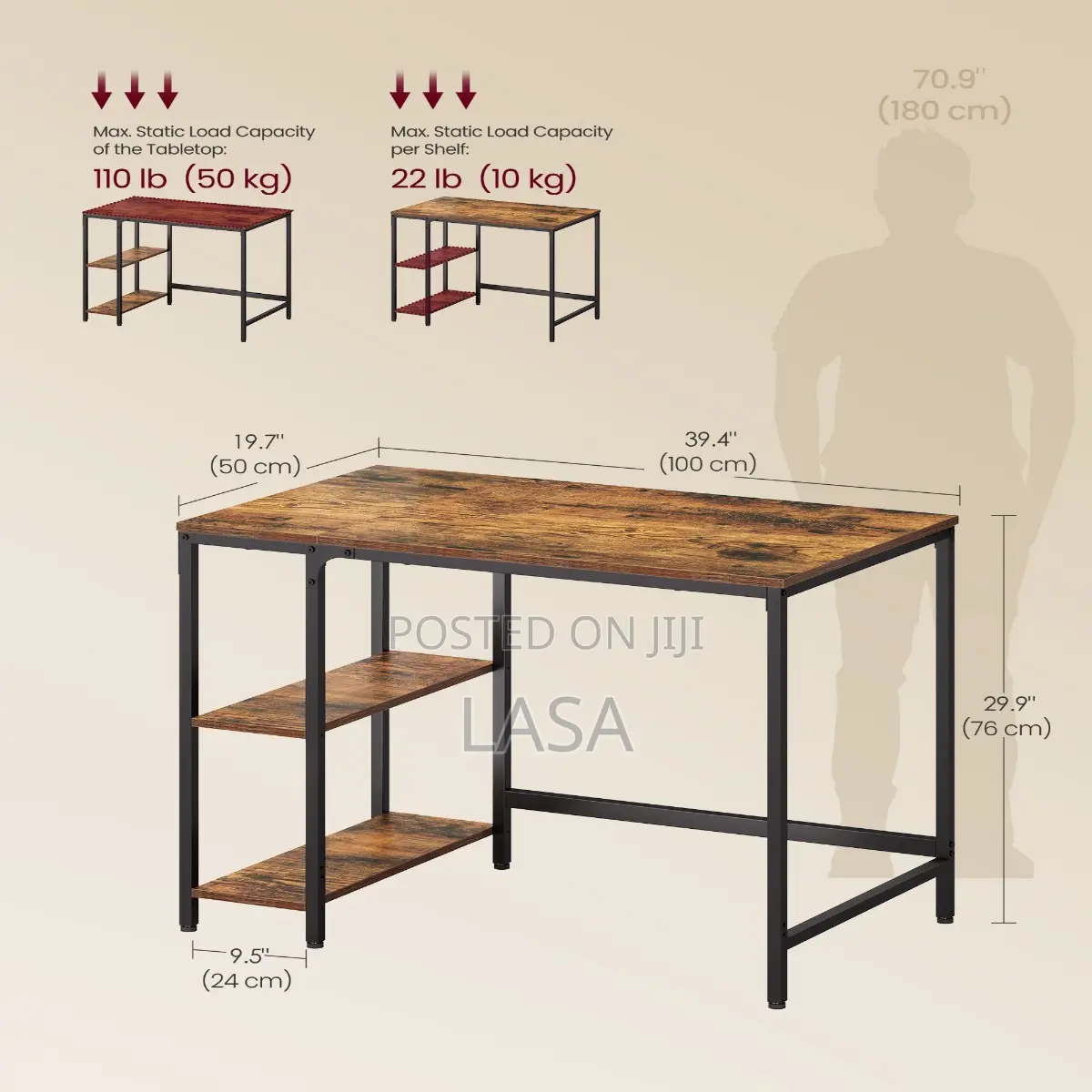 Modern Study Desk With Shelves - Brown and Black