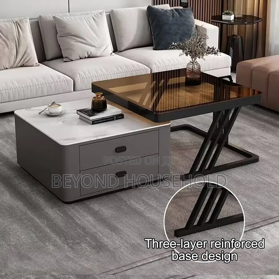 Modern Nesting Coffee Table Set Tinted Black Glass Top Marble Table