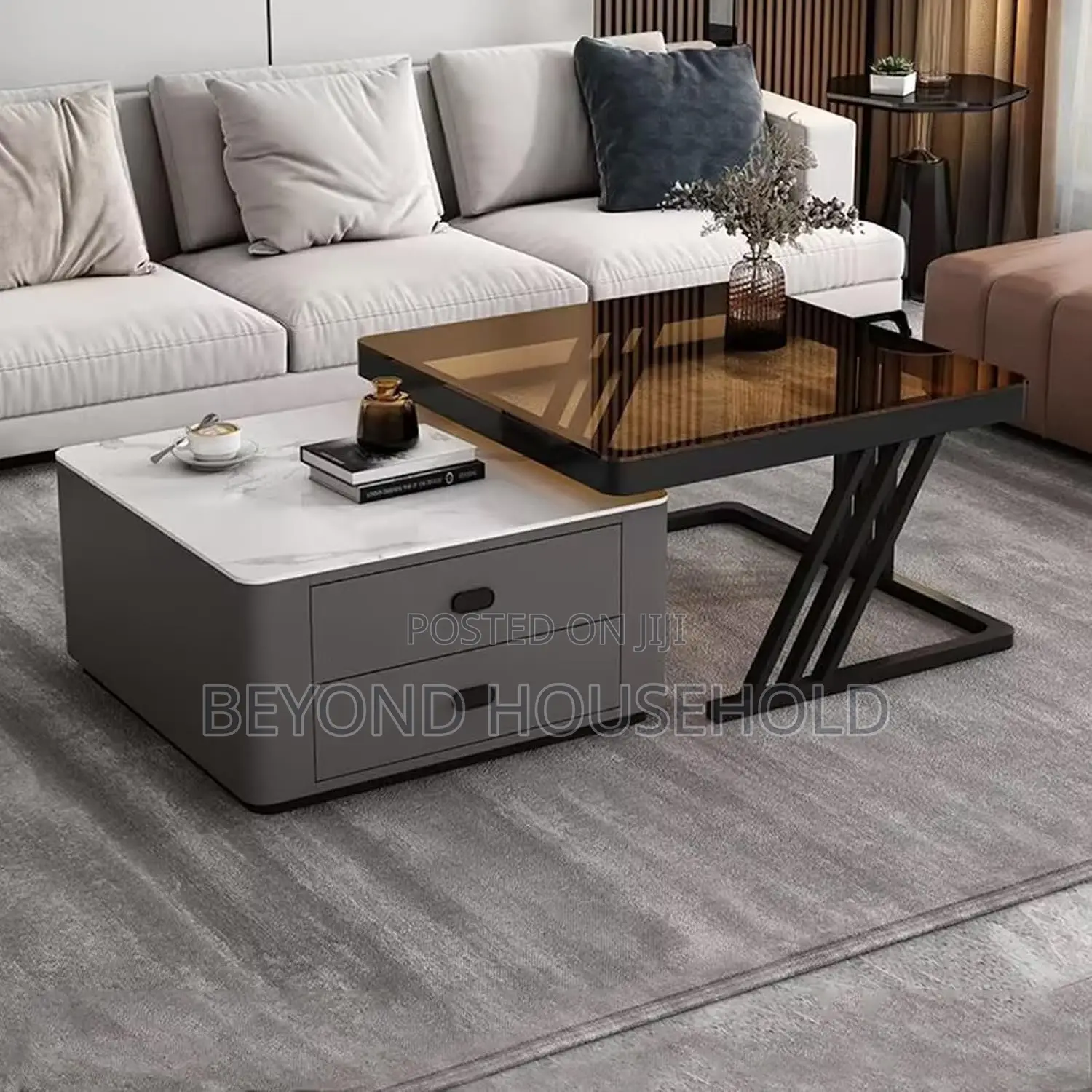 Modern Nesting Coffee Table Set Tinted Black Glass Top Marble Table