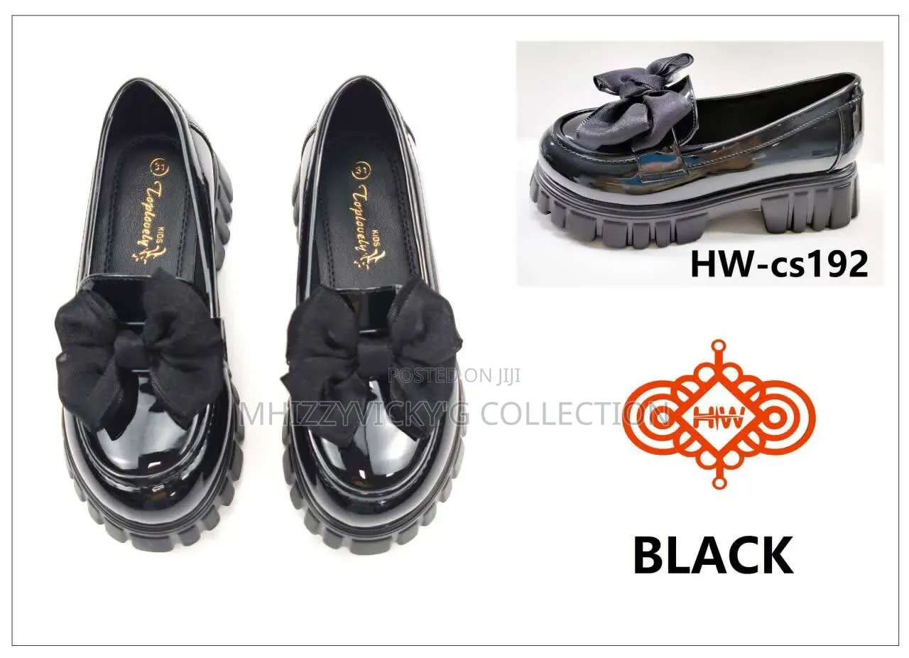 Girls Black Patent Leather Bow Loafers