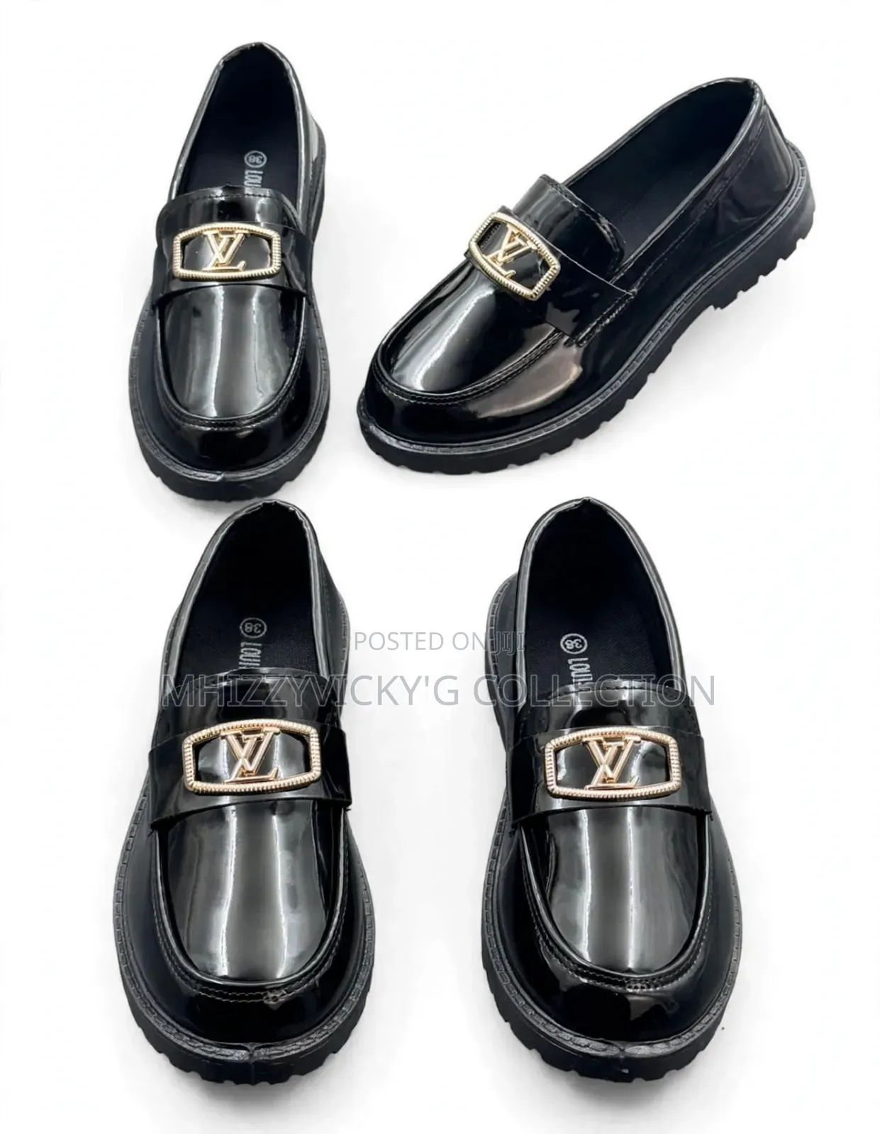 Girls Black Patent Leather Embossed Monogram Loafers