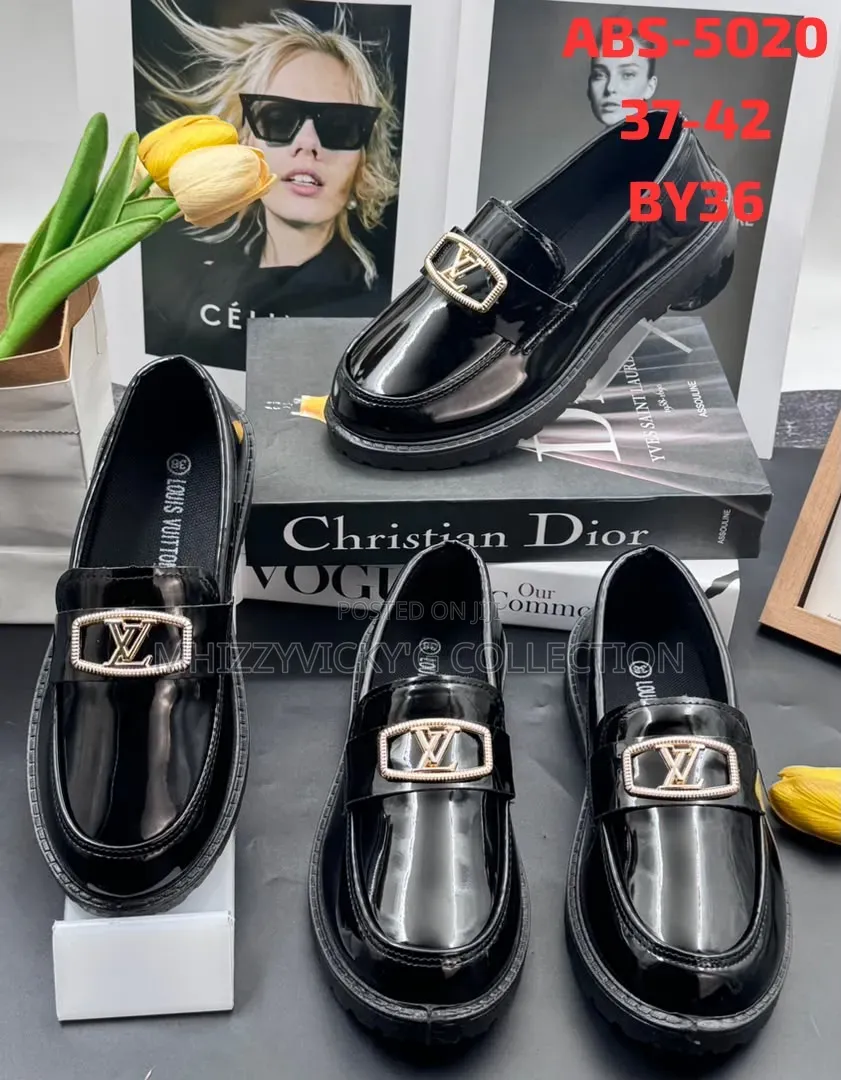 Girls Black Patent Leather Embossed Monogram Loafers