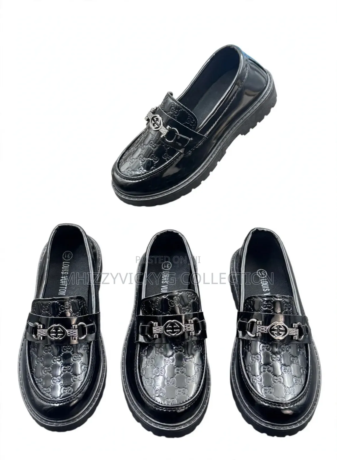 Girls Black Patent Leather Gold Buckle Loafers