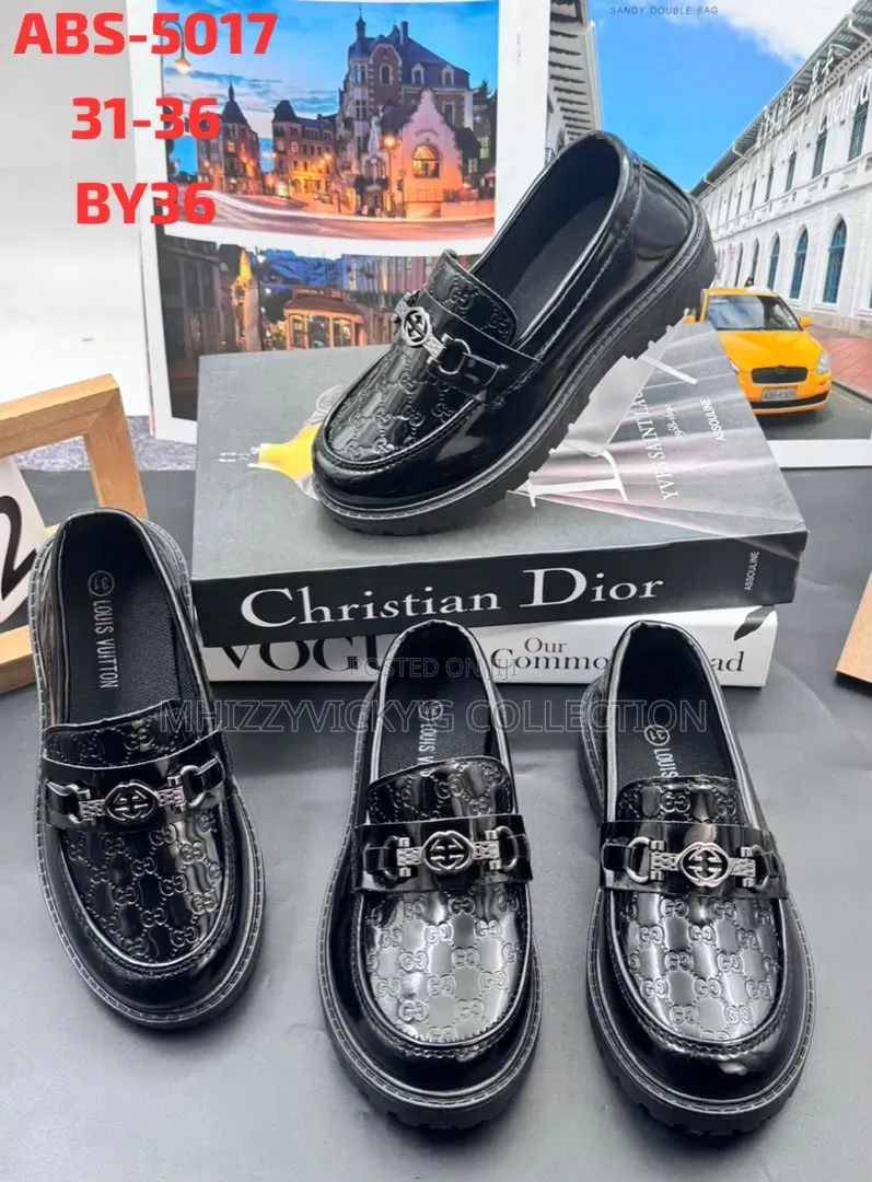 Girls Black Patent Leather Gold Buckle Loafers