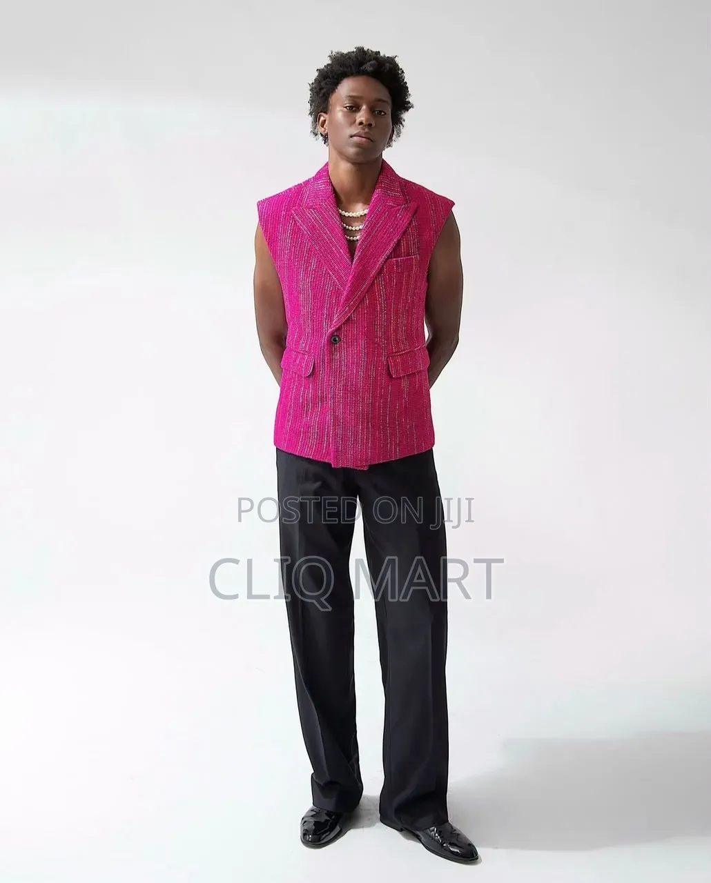Pink Tweed Sleeveless Jacket –Double-Breasted Vest With Black Trousers