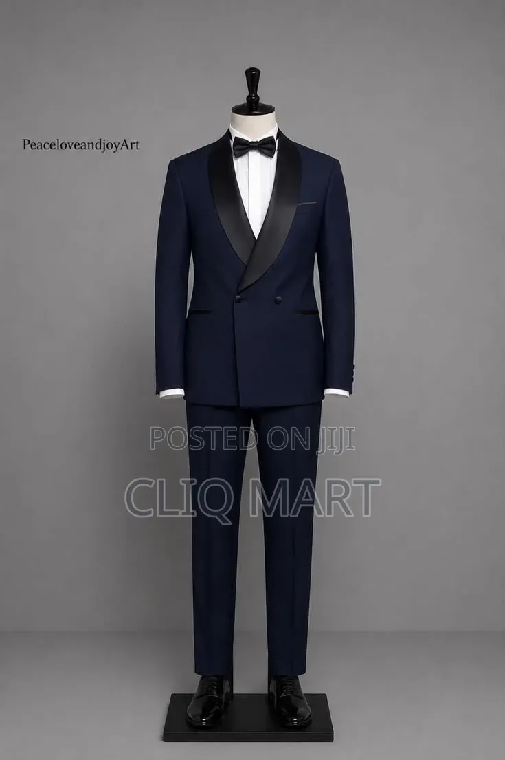 Navy Double-Breasted Tuxedo – Black Satin Shawl Lapel