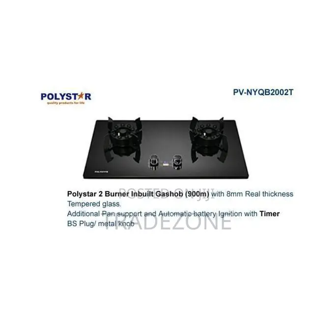 Polystar 90CM 2 Burner Tempered Glass Built-in Gas Hob | PV-NYQB2002T