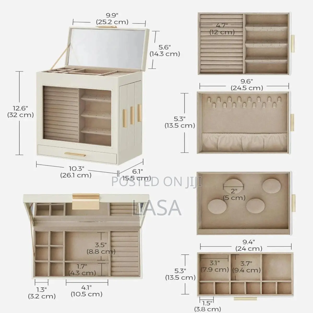 LASA 5 Layer Jewelry Box Organizer With 3 Side Drawers Large Mirror