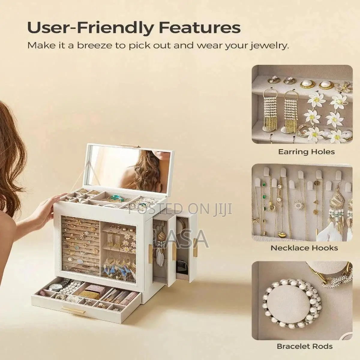 LASA 5 Layer Jewelry Box Organizer With 3 Side Drawers Large Mirror