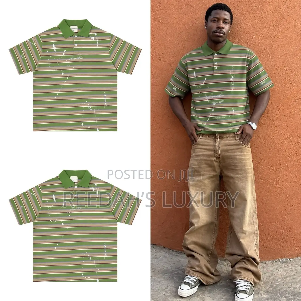 Designer Paint Splatter Striped Polo Shirt