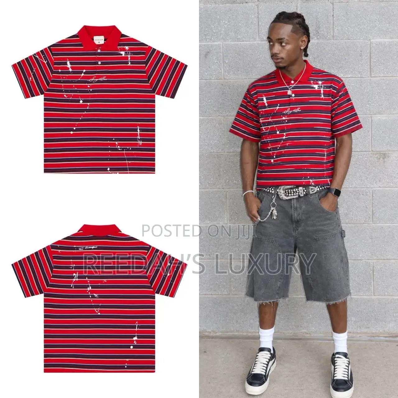 Designer Paint Splatter Striped Polo Shirt
