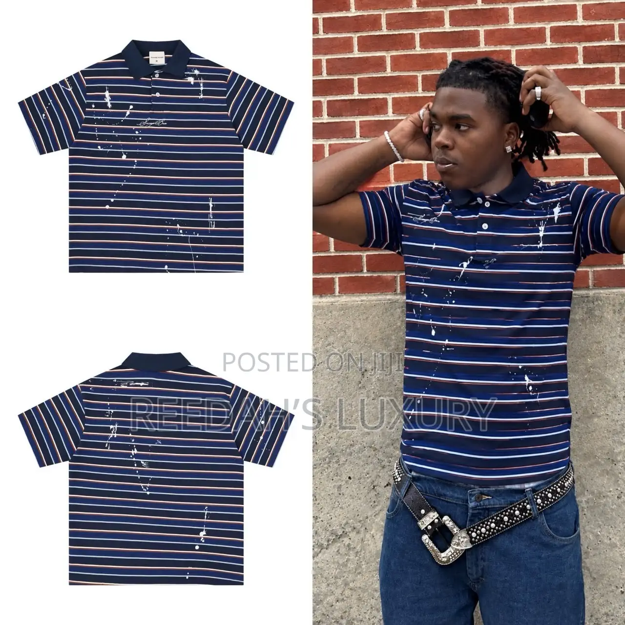 Designer Paint Splatter Striped Polo Shirt