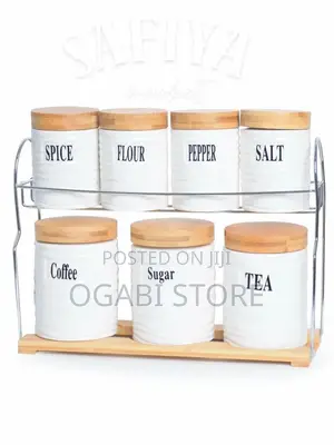 7PCS White Marble Design Kitchen Storage Set With Bamboo Base
