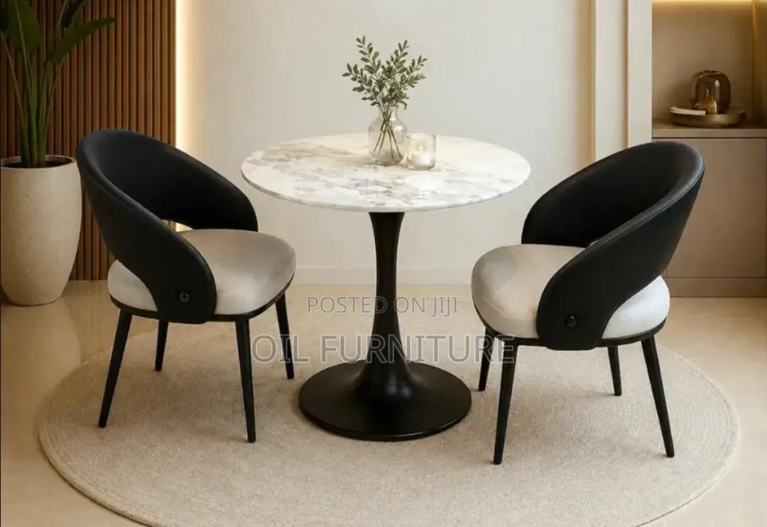 Modern Marble Round Coffee Table Set With 2 Leather Accent Chairs