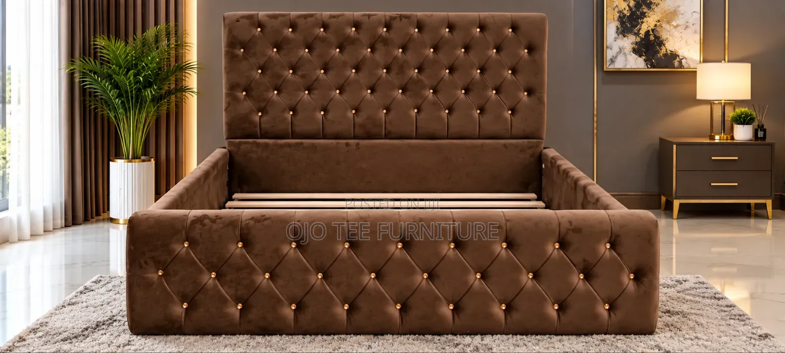 Luxury Brown Velvet Bed – Elegant Tufted Design for Modern Bedrooms