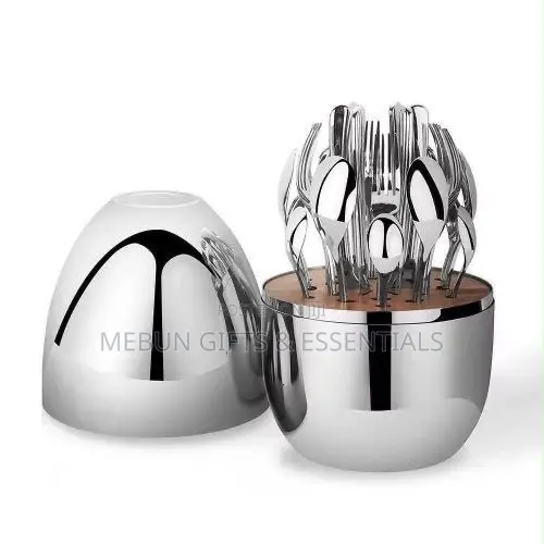 24pcs Silver Luxury Cutlery Set With Egg-Shaped Storage Case and Stand