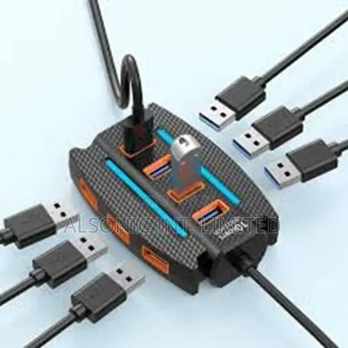10-Port USB 2.0 Hub With RGB Lighting, High-Speed Multi Hub Splitter