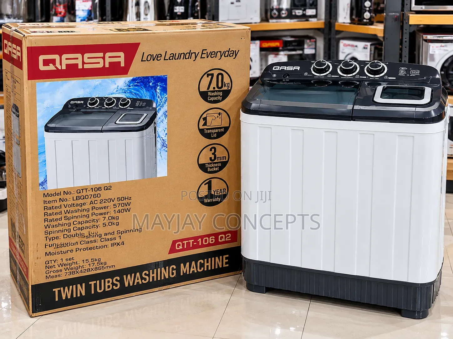 QASA 7KG Twin Tub Washing Machine With 5KG Spin Dryer–370watts Low Con
