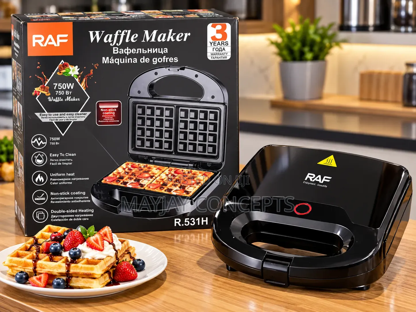 RAF 750W Waffle Maker With Non-Stick Plates Even Heating–R.531H