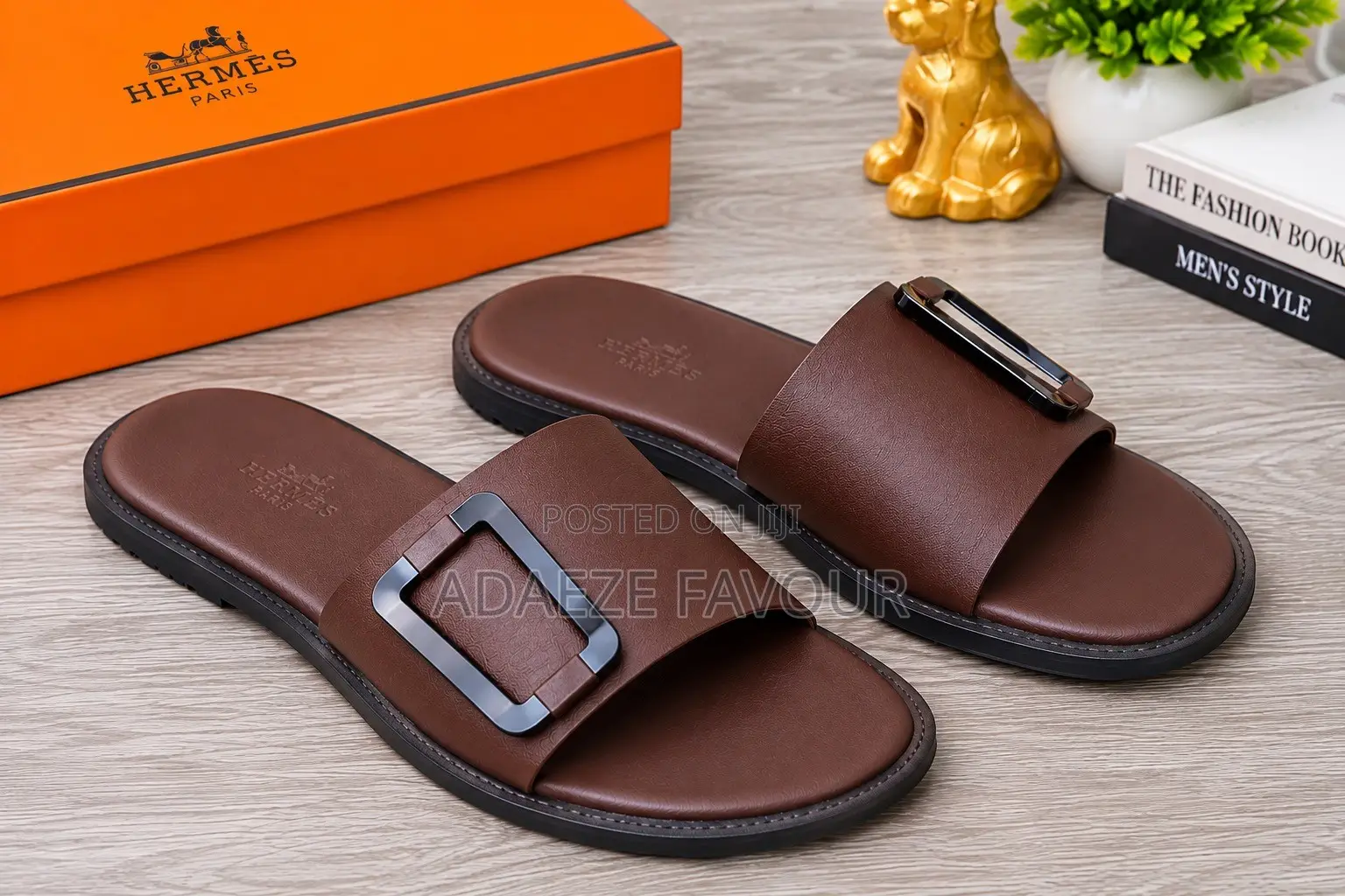 Leather Buckle Slide Sandals – Black Brown