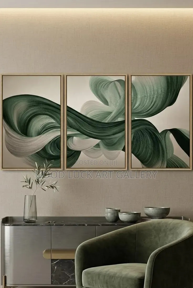 Green Abstract Waves Lines Framed Canvas