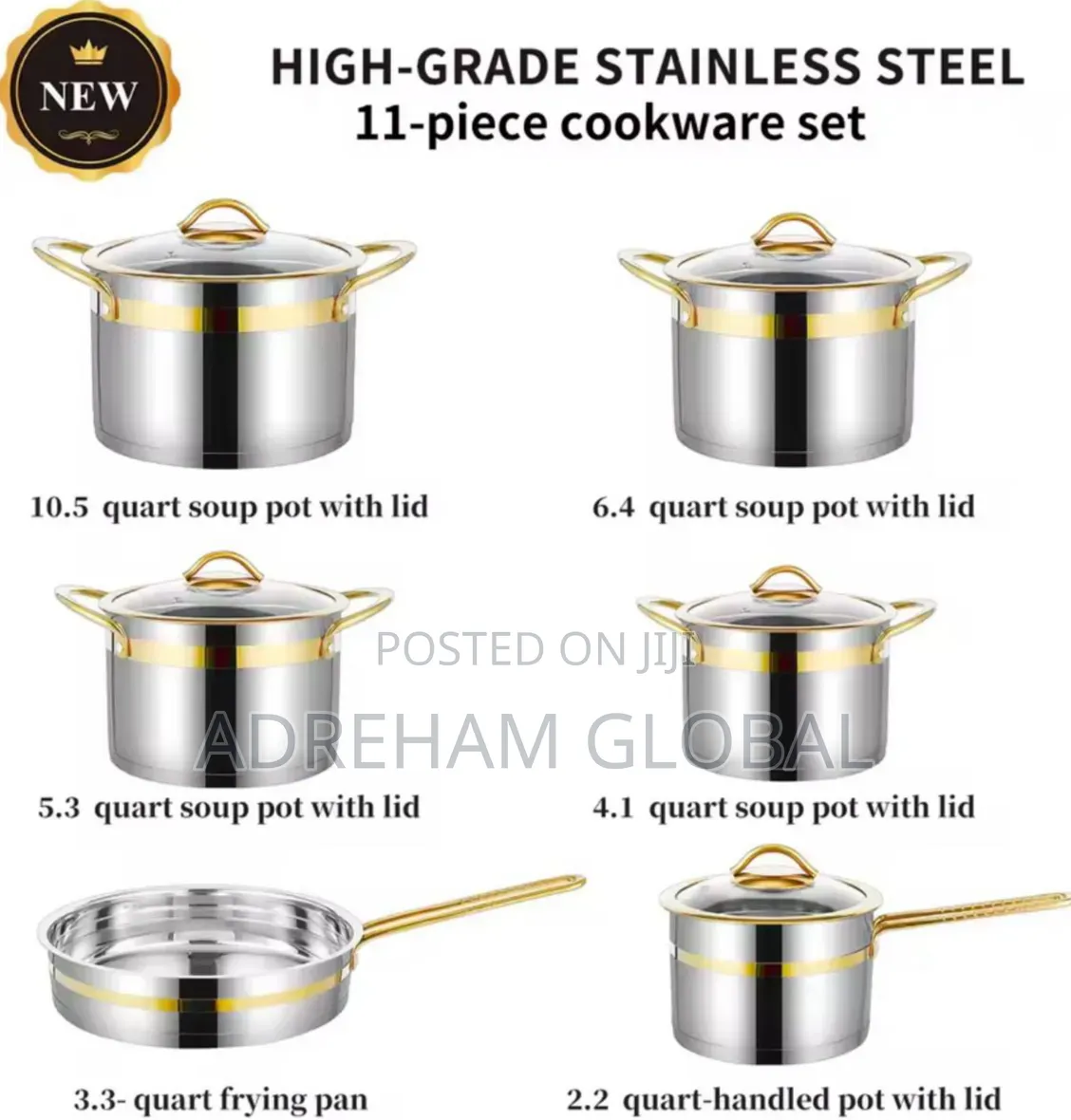 11-Piece Stainless Steel Cookware Set potGold Accents,Home Restaurant
