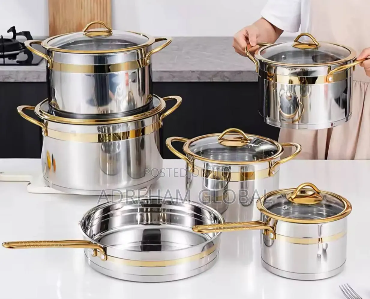 11-Piece Stainless Steel Cookware Set potGold Accents,Home Restaurant