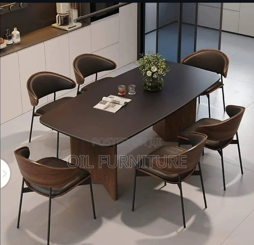 Luxury 6-Seater Executive Dining Table Set With Curved Leather Chairs