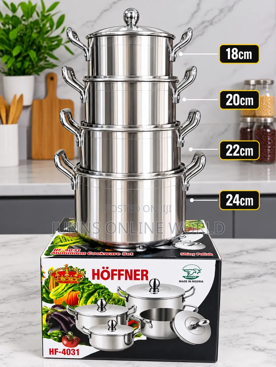HOFFNER 4-Piece Stainless Steel Cooking Pot Set 18cm, 20cm, 22cm 24cm