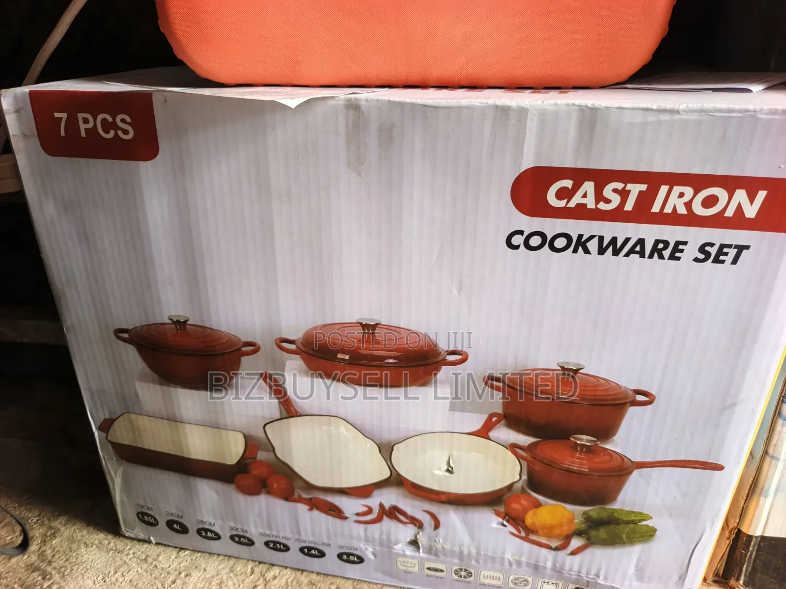 7-Piece Enameled Cast Iron Cookware Set Featuring Red-Orange Dutch