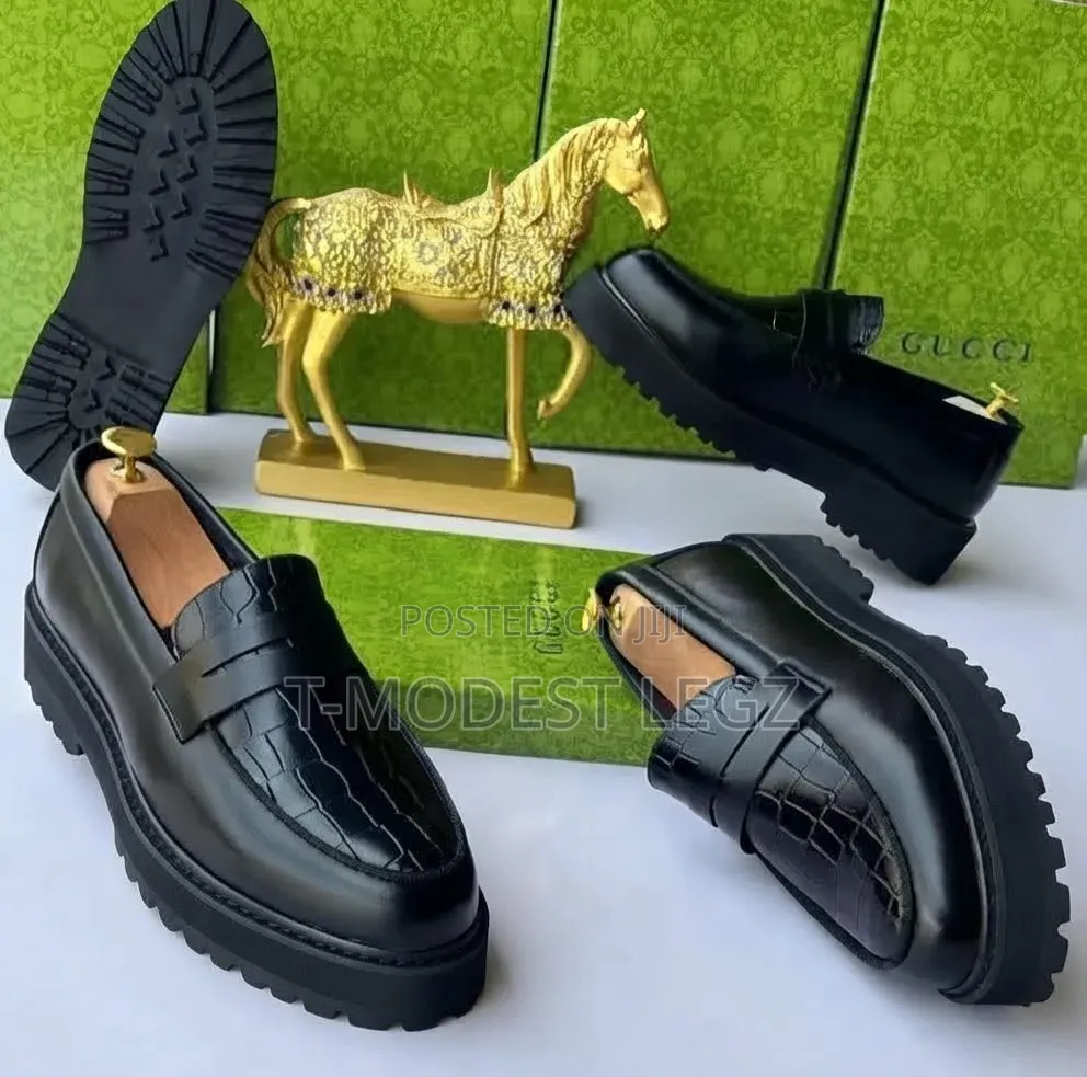 Premium Black Chunky Platform Penny Loafer With Croc-Embossed Detail