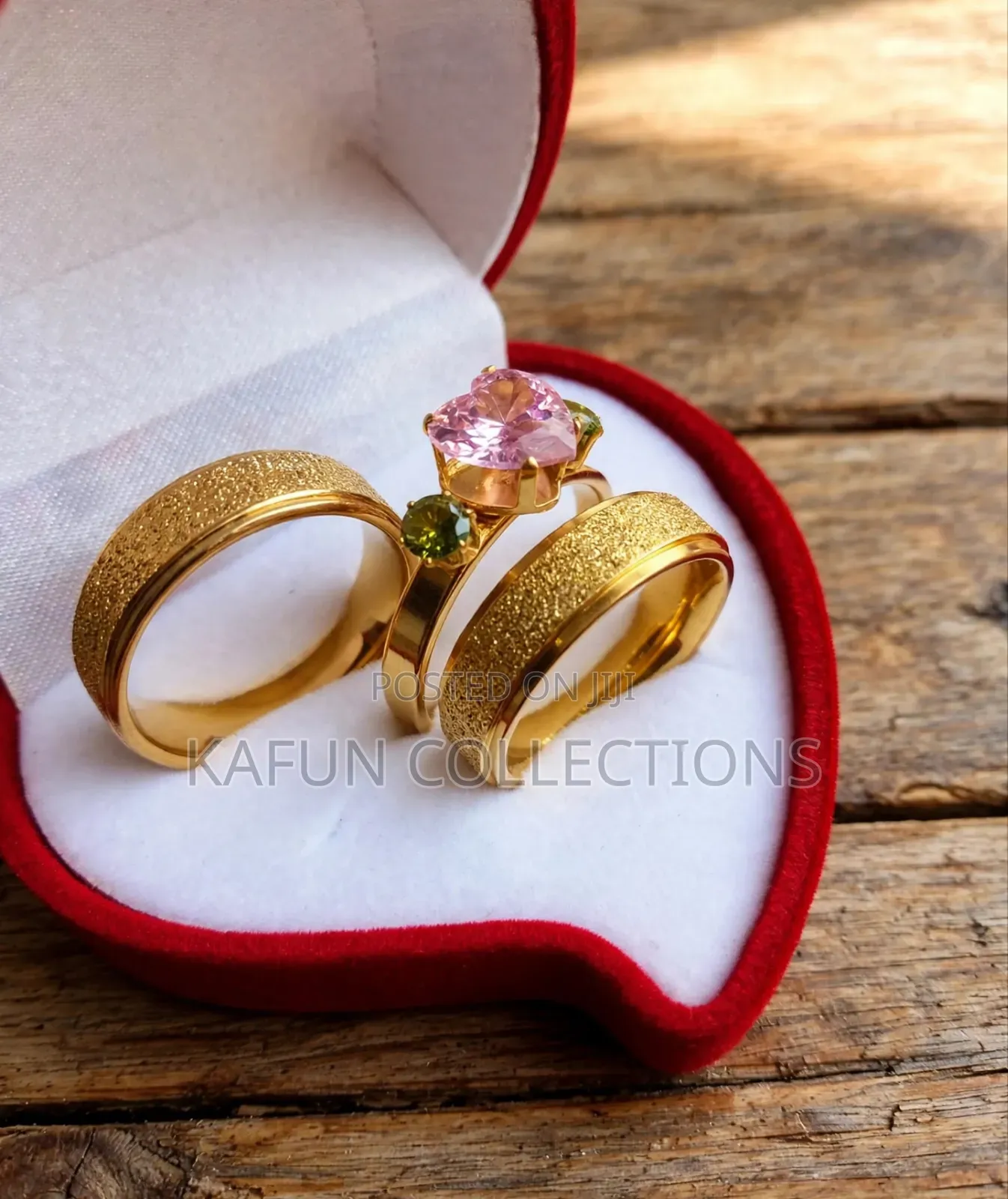 3-in-1 Pink Heart Couple Rings - Gold His Hers Wedding Set