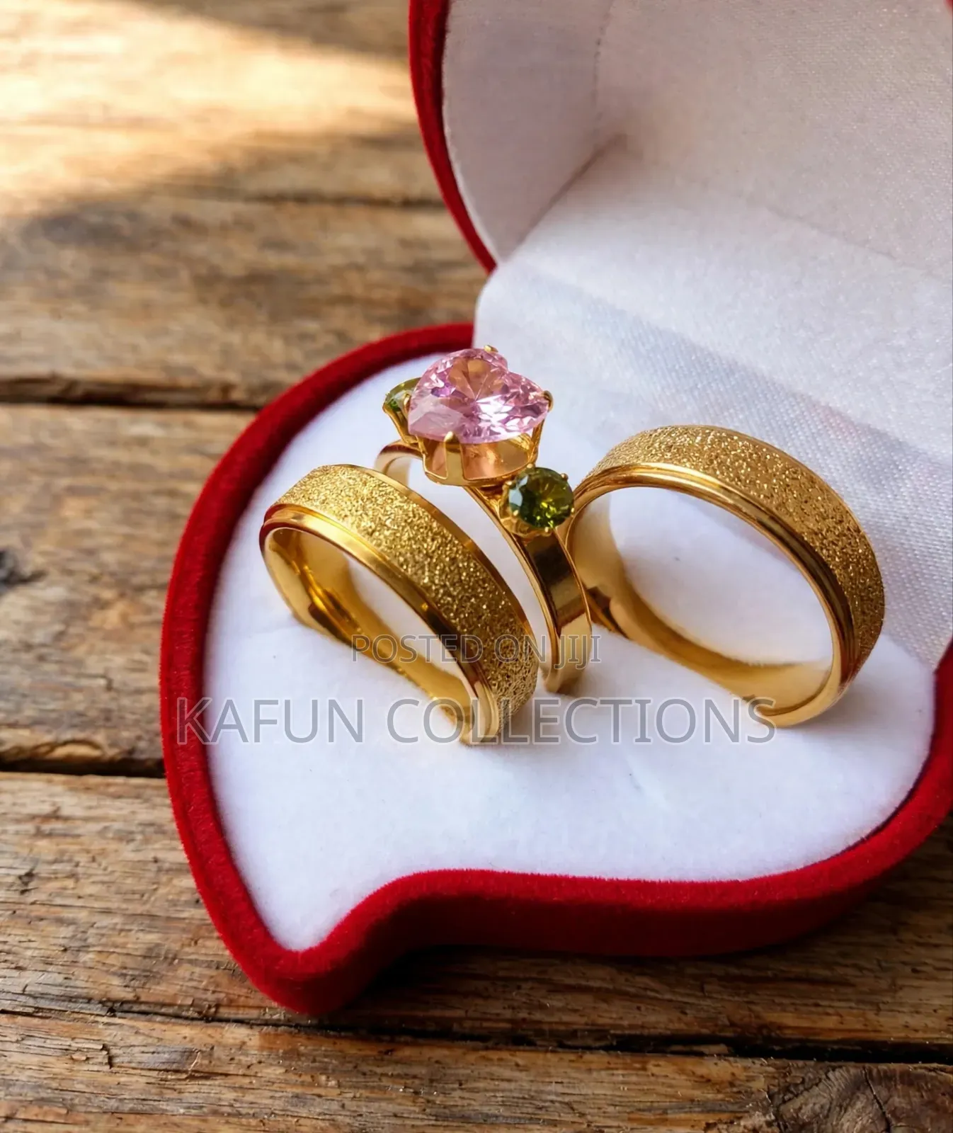 3-in-1 Pink Heart Couple Rings - Gold His Hers Wedding Set