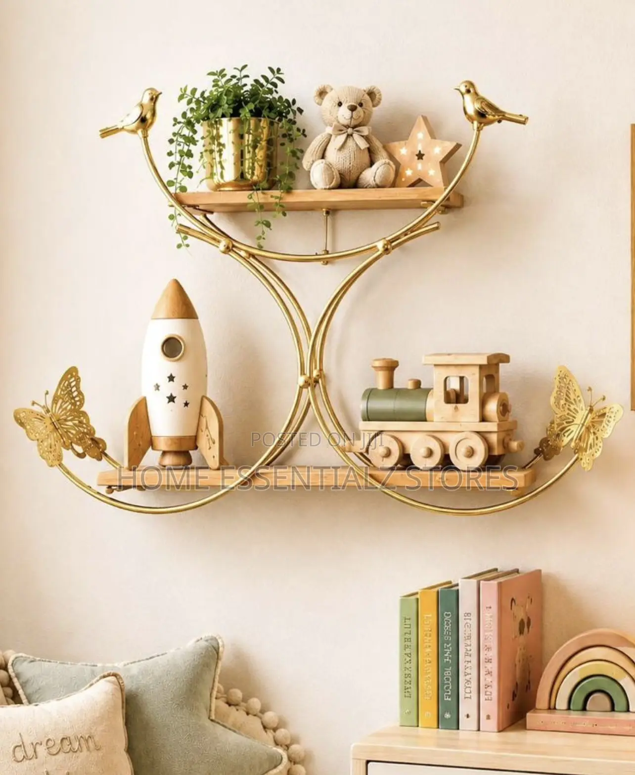 Luxury Butterfly Bird Double Floating Wall Shelf - 2 Tier Wooden Shelf