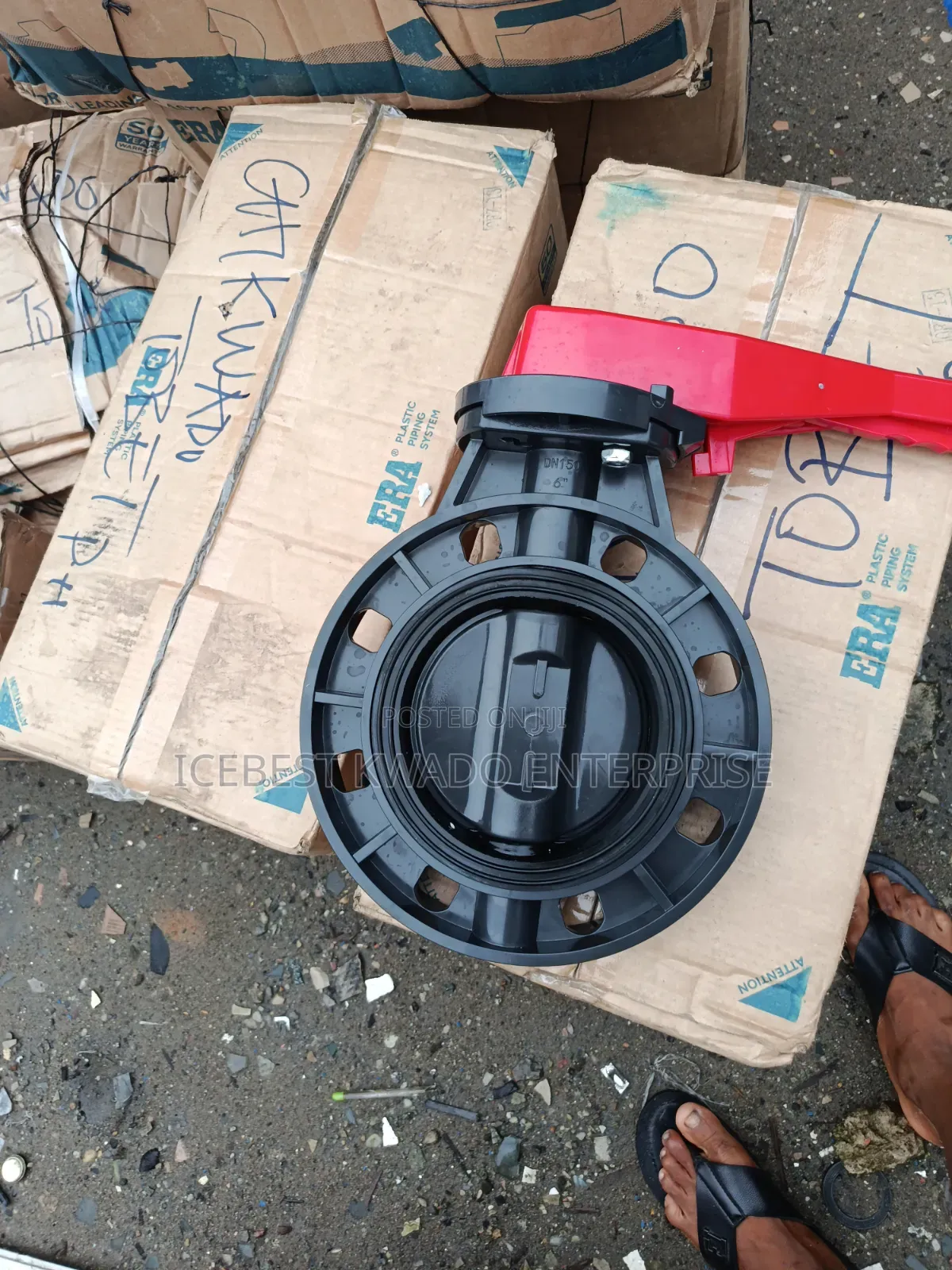 6" by 160mm ERA uPVC Butterfly Valve With a Red Manual Lever Handl