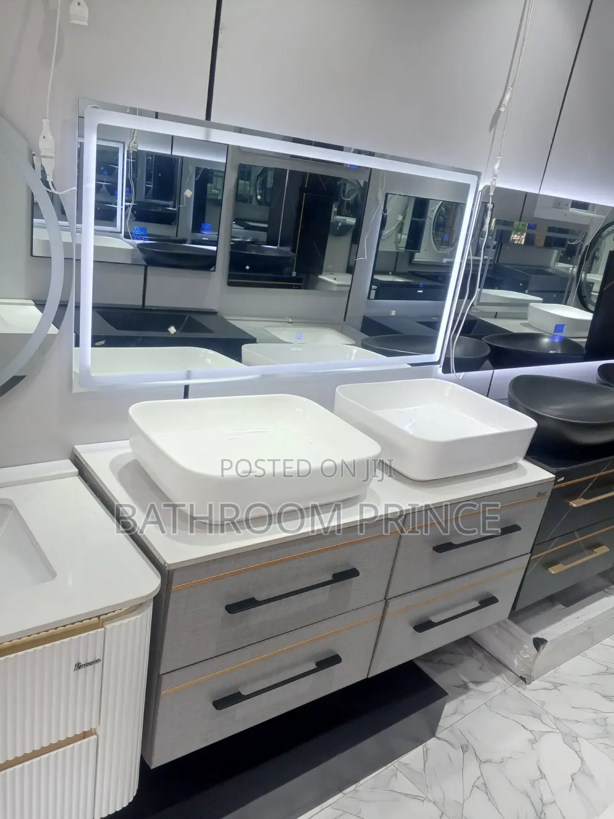 Exclusive White Double Bowl Carbinet Basin With LED Mirror