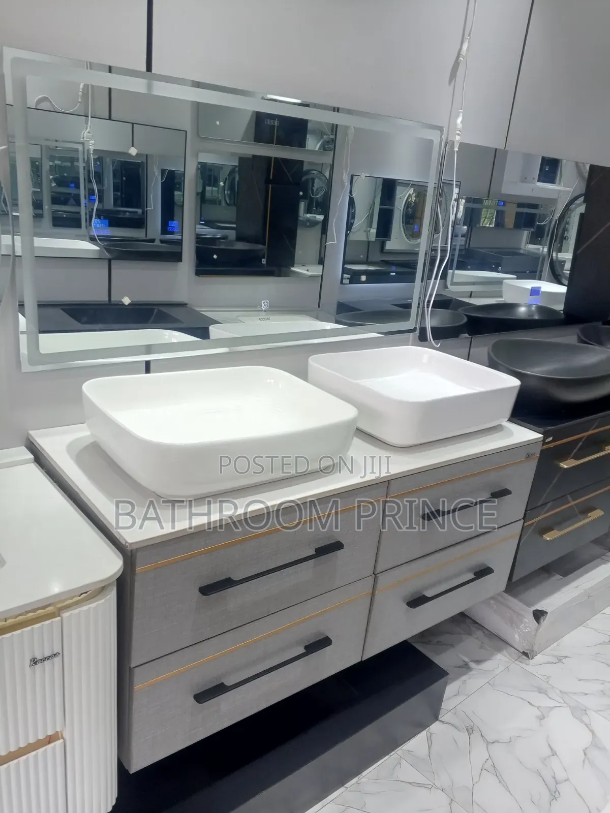 Exclusive White Double Bowl Carbinet Basin With LED Mirror