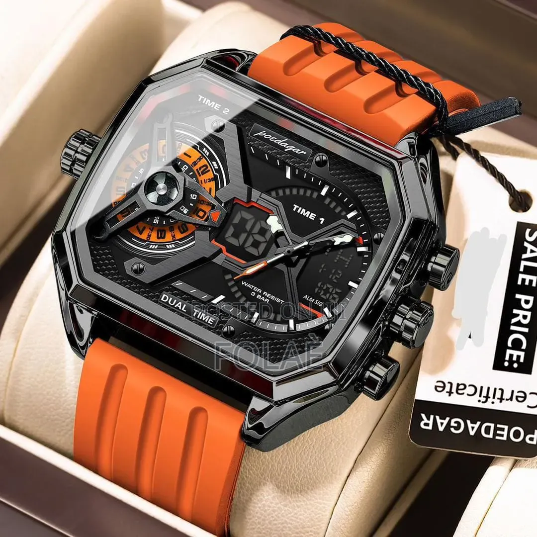 Poedagar Luxury Men’s Dual Time Wristwatch | Black & Gold