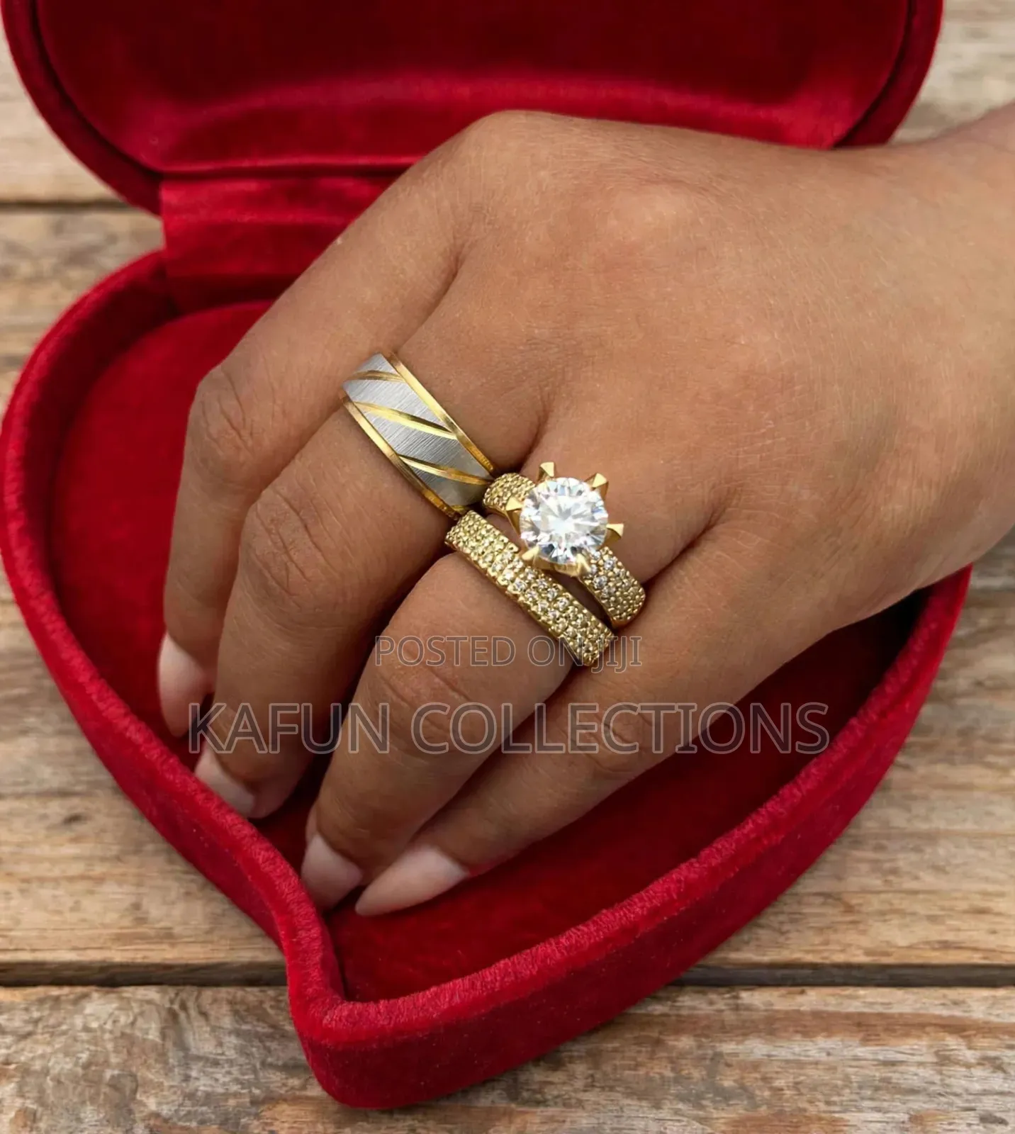 Lemon Gold Zirconia and Two-Tone Stainless Steel Couple's Rings Set