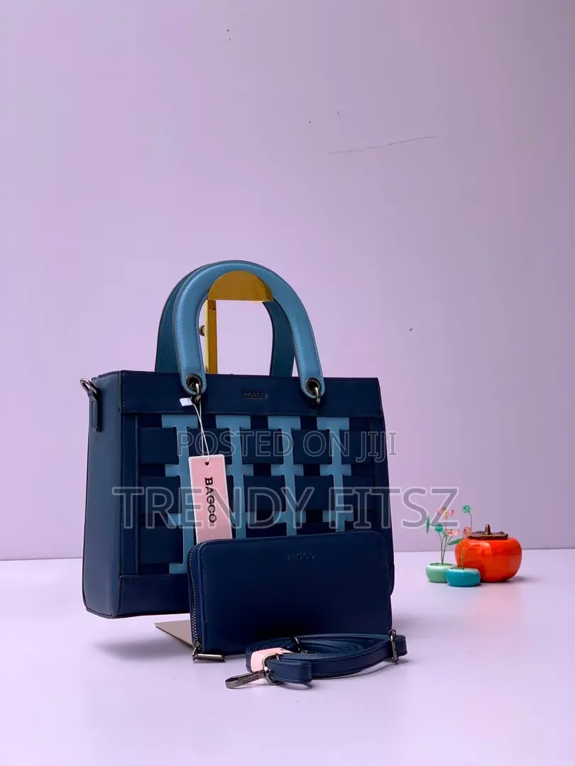 Classy Navy Blue Woven-Design Handbag With Wallet & Shoulder Strap
