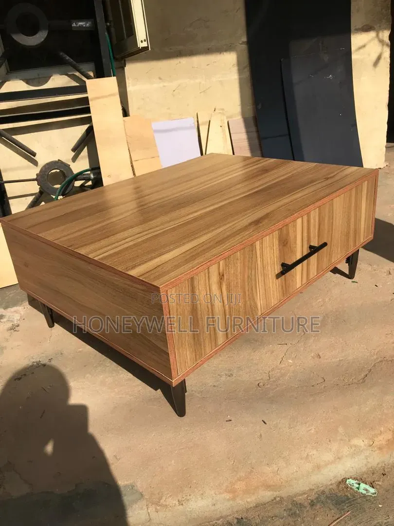 Brown Coffee Table With Metal Stand With Large Storage Deep Drawer