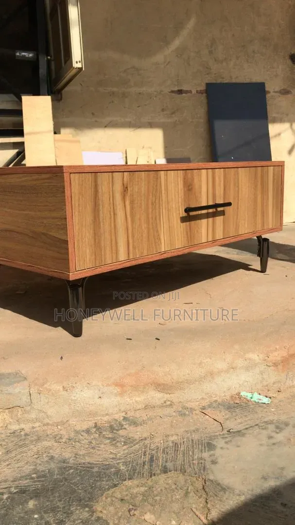 Brown Coffee Table With Metal Stand With Large Storage Deep Drawer