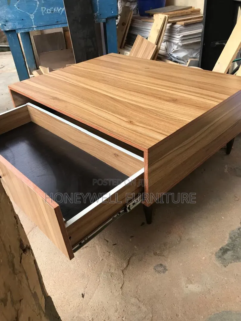 Brown Coffee Table With Metal Stand With Large Storage Deep Drawer