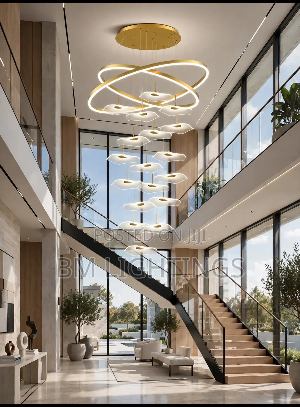 Luxury Double Height Chandelier - Modern Gold Ring With Leaf Design